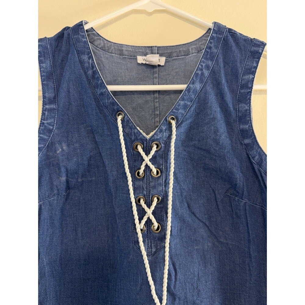 Westport Denim Dress XS Embroidered Hem Lace Up Sleeveless Cotton Chambray Boho - Picture 3 of 6